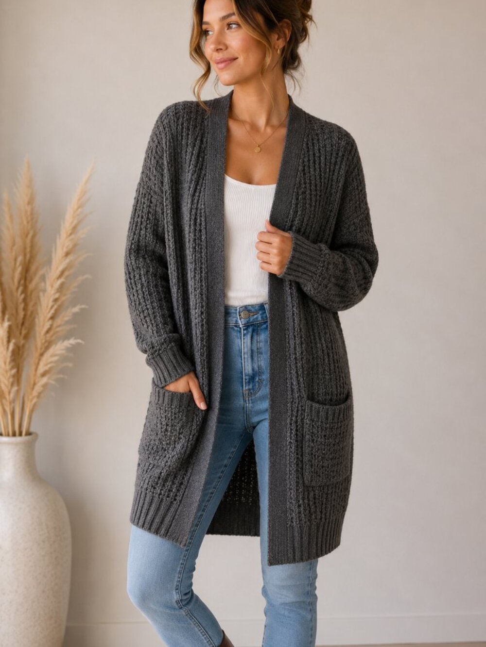 Cotton On S Gray Longline Cardigan Waffle Knit Pockets Cozy Minimalist Slouchy